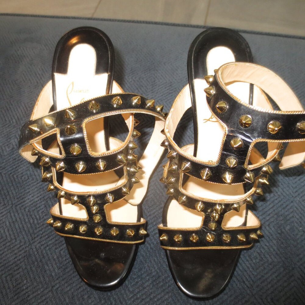 CHRISTIAN LOUBOUTIN Black and Gold Stud and Chain High Heel Sandals - Picture 8 of 9